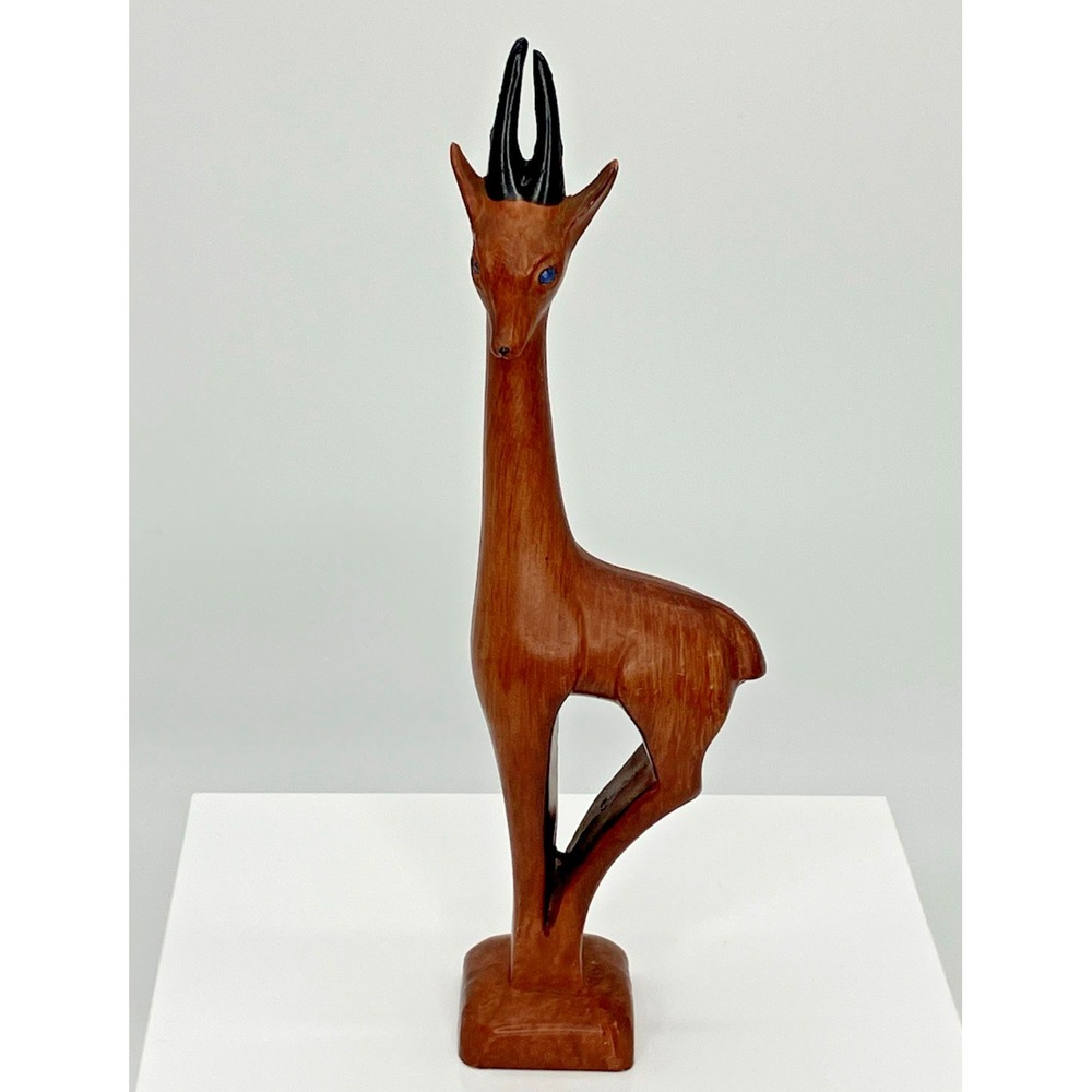 Vtg Mid Century Gazelle Impala Wooden Hand Carved Art Sculpture Teak Blue Eyes